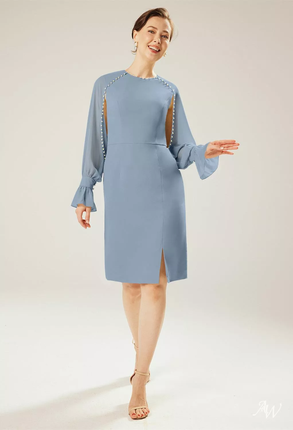 AW.Bridal Column Bateau Neckline Knee Length Long Sleeves Mother of the Bride Dresses Dress Light Dusty Blue Size 18
