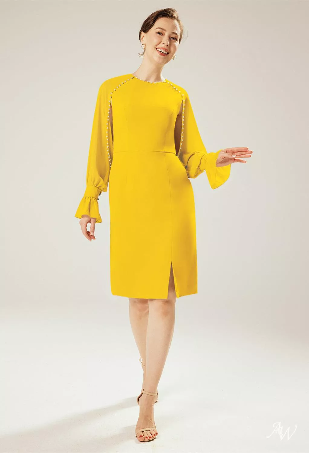 mustard yellow knee length dress AW.Bridal Column Bateau Neckline Long Sleeves Mother of the Bride Dresses Size 18 x-fashionColour:Sage