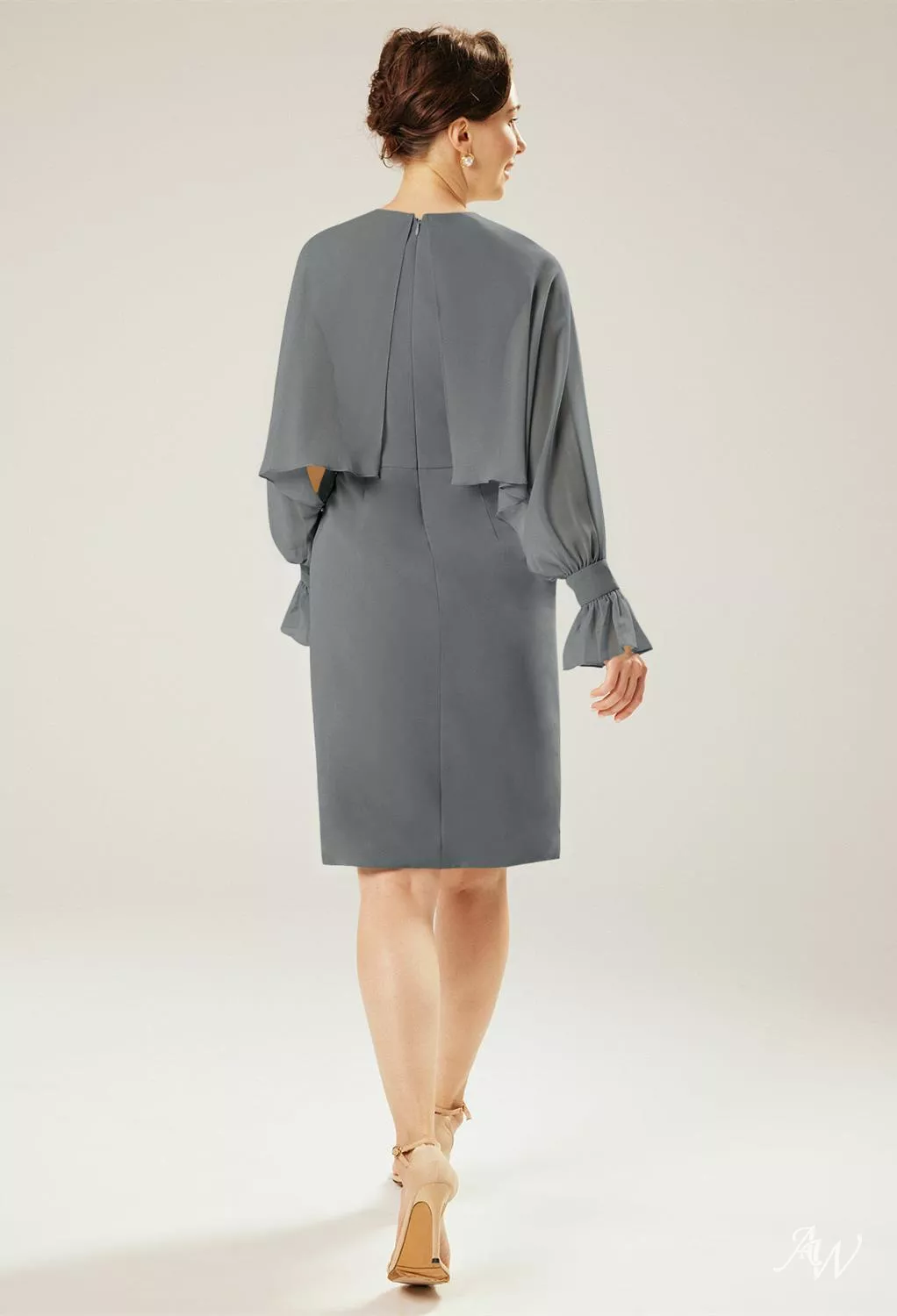 grey mother of the bride dresses knee length AW.Bridal Column Bateau Neckline Long Sleeves Dress Steel Gray Size 18 short mother of the bride dresses for summer wedding