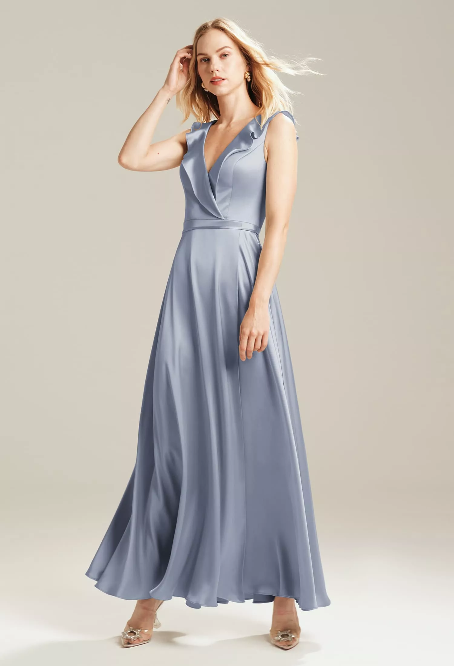 wine burgundy bridesmaid dresses Dusty Blue Bridesmaid Dresses Plus Size Women's A Line Square Neck Short Sleeves Formal Wedding Guest Gowns with Split Side, Dusty Blue main image 0