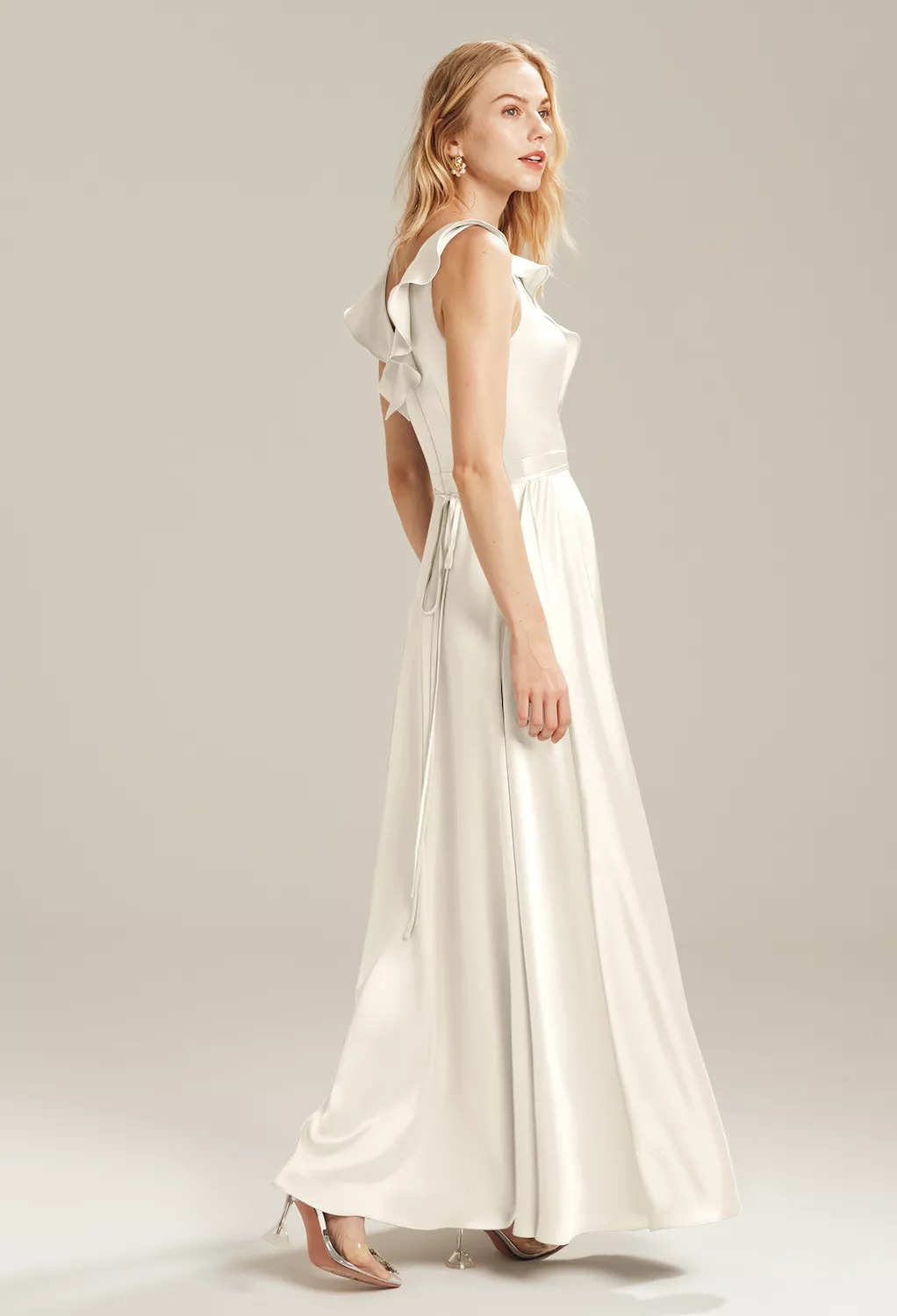 slim fit dress slacks Nude Long Sleeve Wedding Dress with High Neck