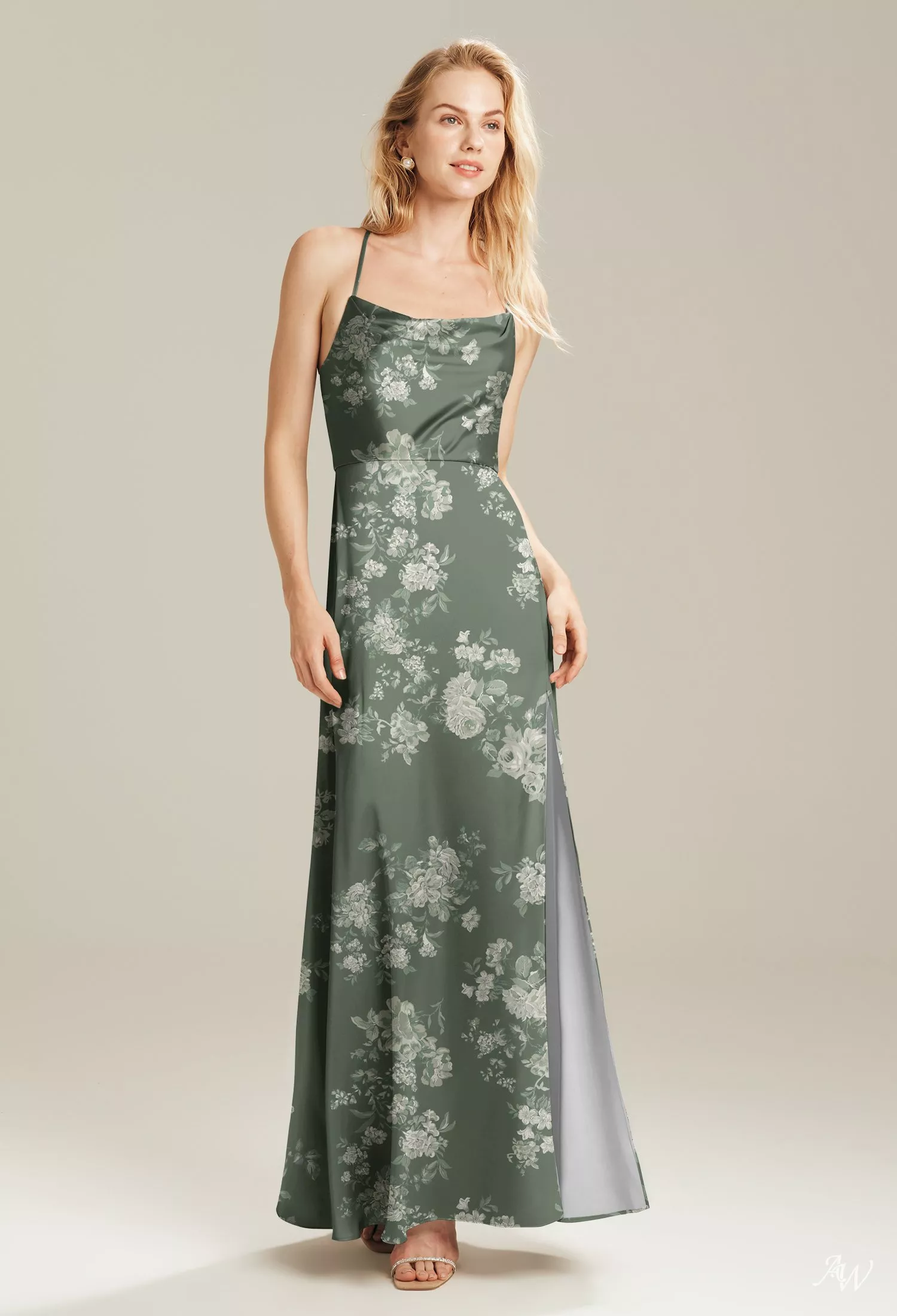 AW.Bridal A-line Cowl Neckline Satin Split Crisscross Back Floral Bridesmaid Dresses Floral Dress Trumpet Teal Rose Plus Size 18