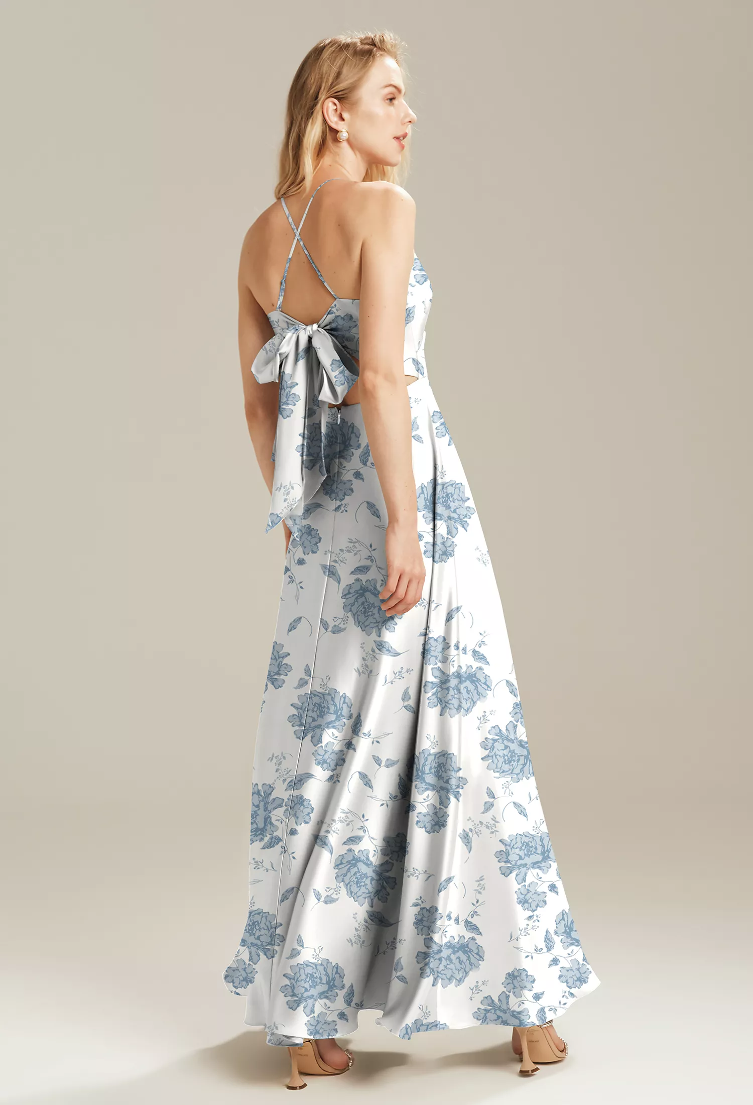 dusty blue floral bridesmaid dress Slate Blue Chiffon Ruffled Slit Strappy Back Long Bridesmaid Prom Dress main image 1