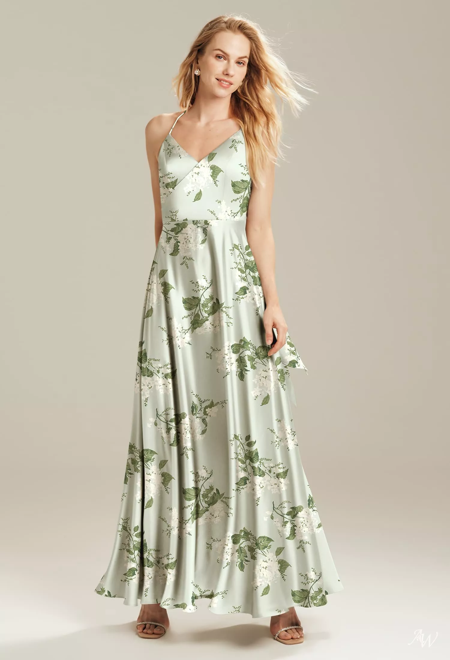 AW.Bridal A-line V-Neck Floor Length Sleeveless Satin Cutout Floral Plus Size Dresses Floral Dress Sage Garden Party Plus Size 16