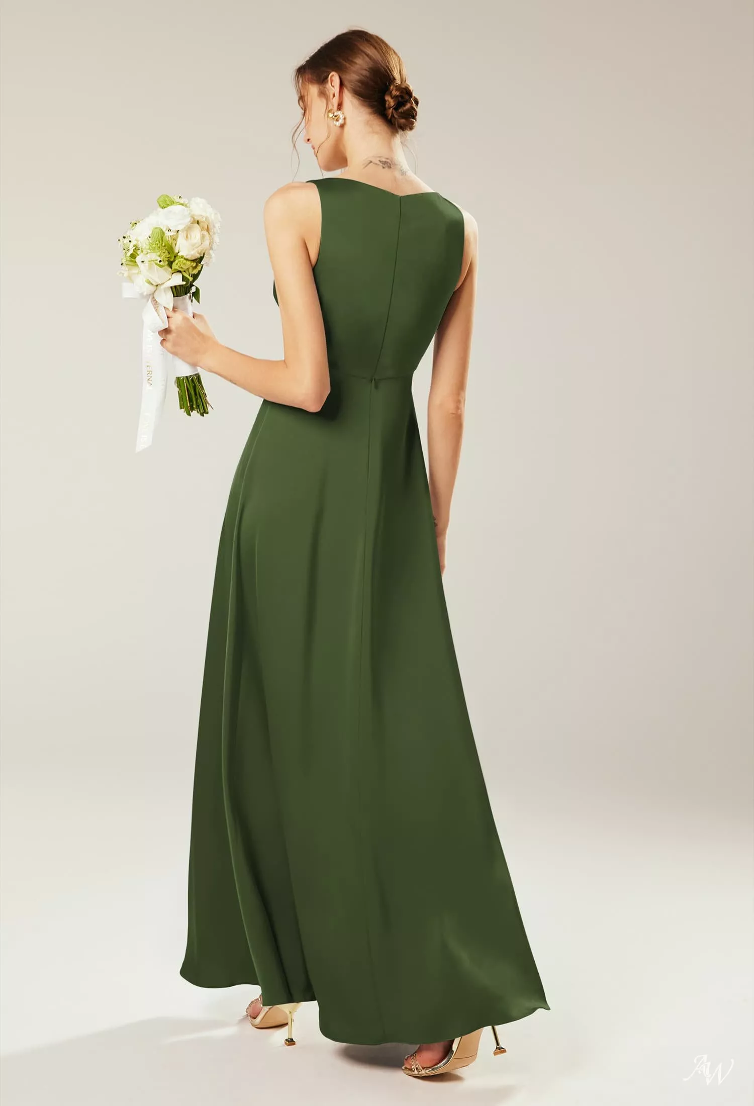 AW Maggie Dress, Sage Green Crystal Satin Satin Charmeuse Floor Length  V-Neck Bridesmaid Dresses | AW.Bridal