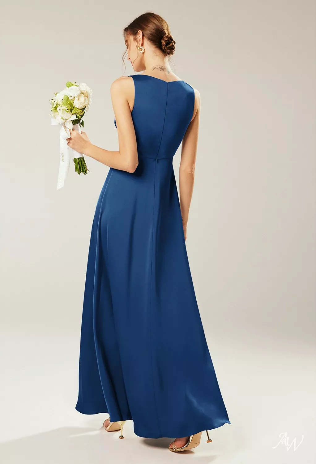 AW.Bridal A-line V-Neck Floor Length Sleeveless Satin Split Plus Size Dresses Dress Navy Size 4