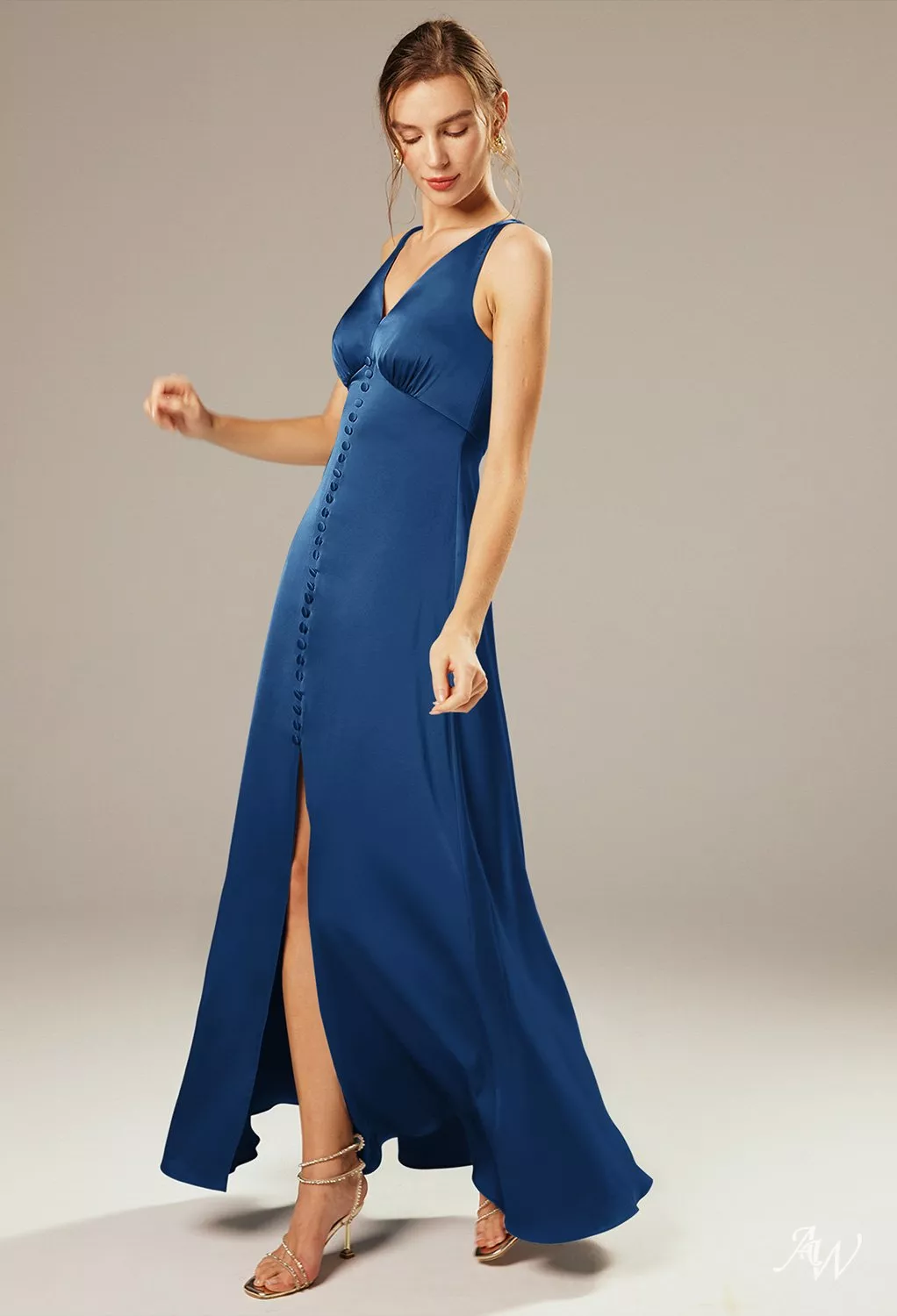 AW.Bridal A-line V-Neck Floor Length Sleeveless Satin Split Plus Size Dresses Dress Navy Size 4