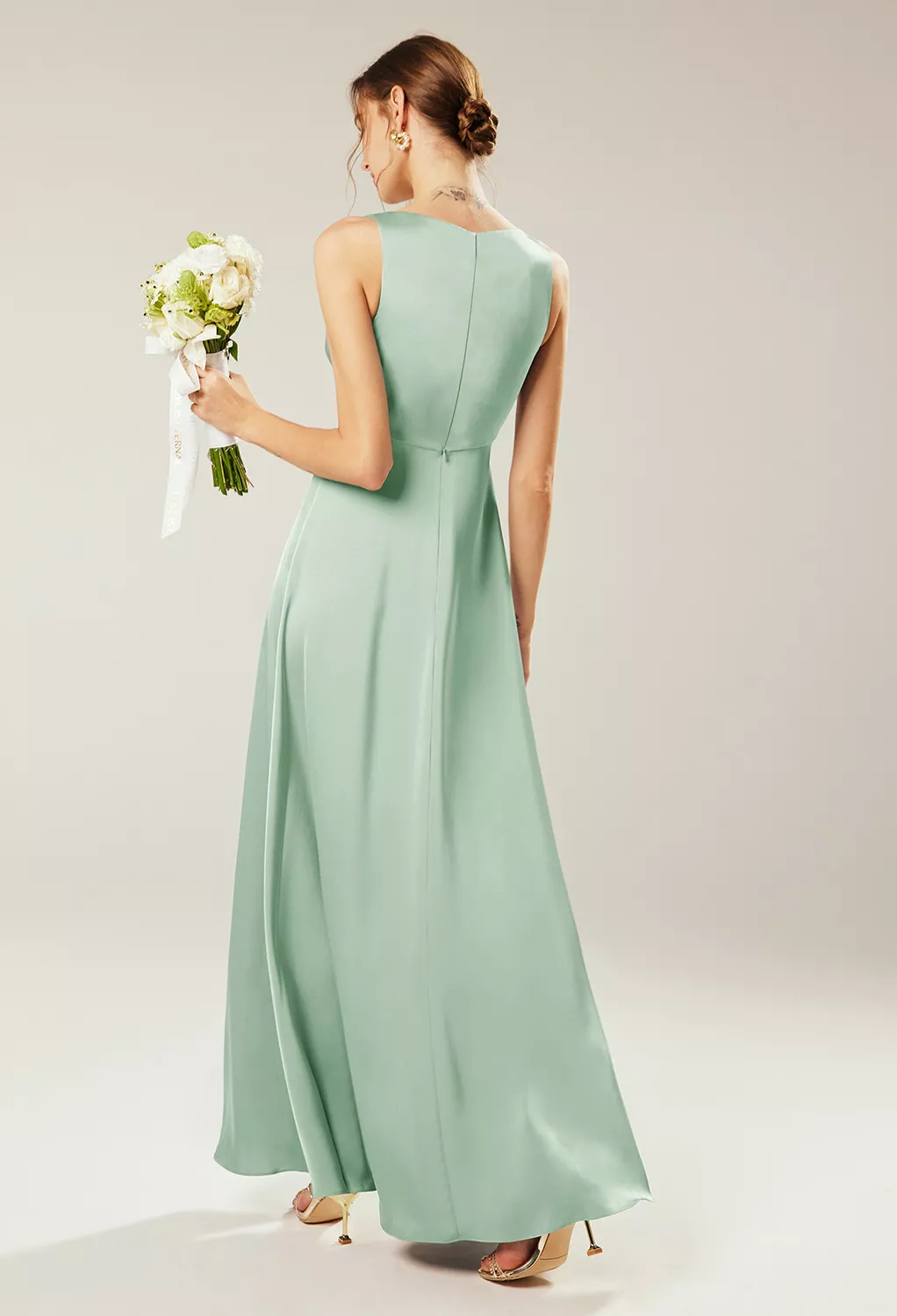 maggie bridesmaid dresses AW Maggie Dress, Sage Green Crystal Satin Satin Charmeuse Floor Length  V-Neck Bridesmaid Dresses