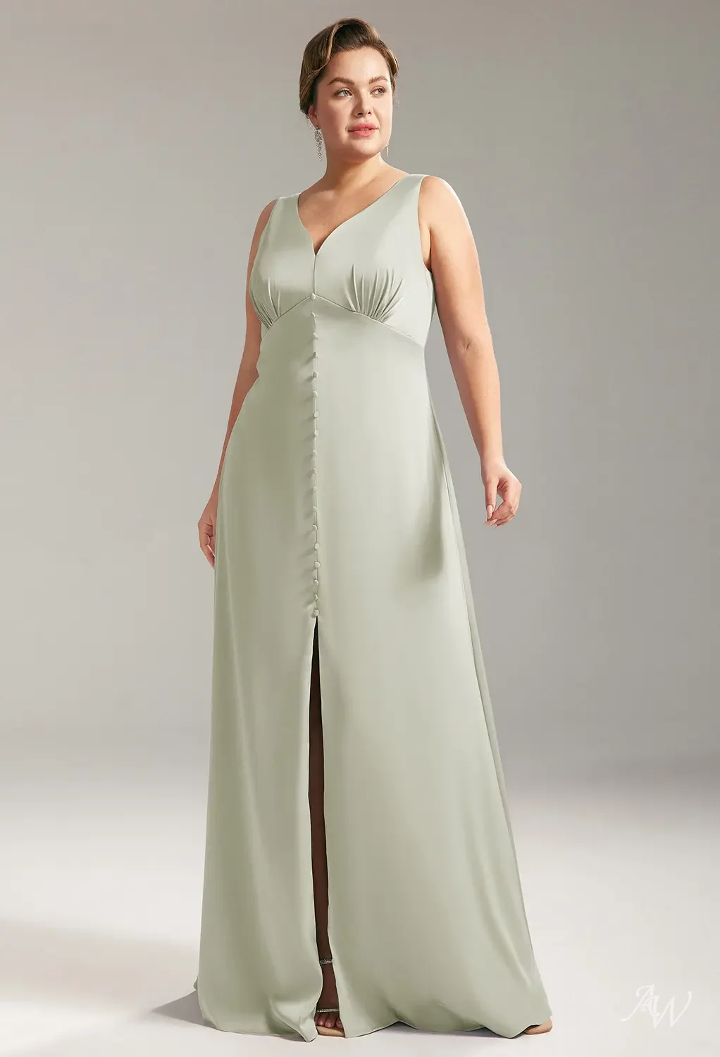 AW Maggie Dress, Sage Green Crystal Satin Satin Charmeuse Floor Length  V-Neck Bridesmaid Dresses | AW.Bridal