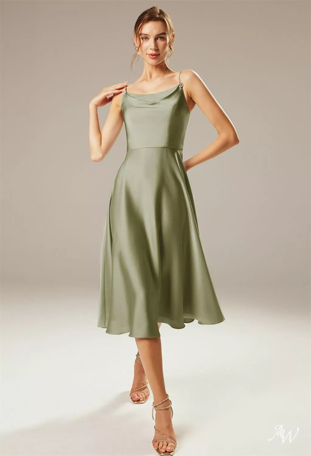 AW.Bridal A-line Scoop/U-Neck Tea Length Sleeveless Spaghetti Straps Satin Wedding Guest Dresses Dress Fennel Seed Size 8