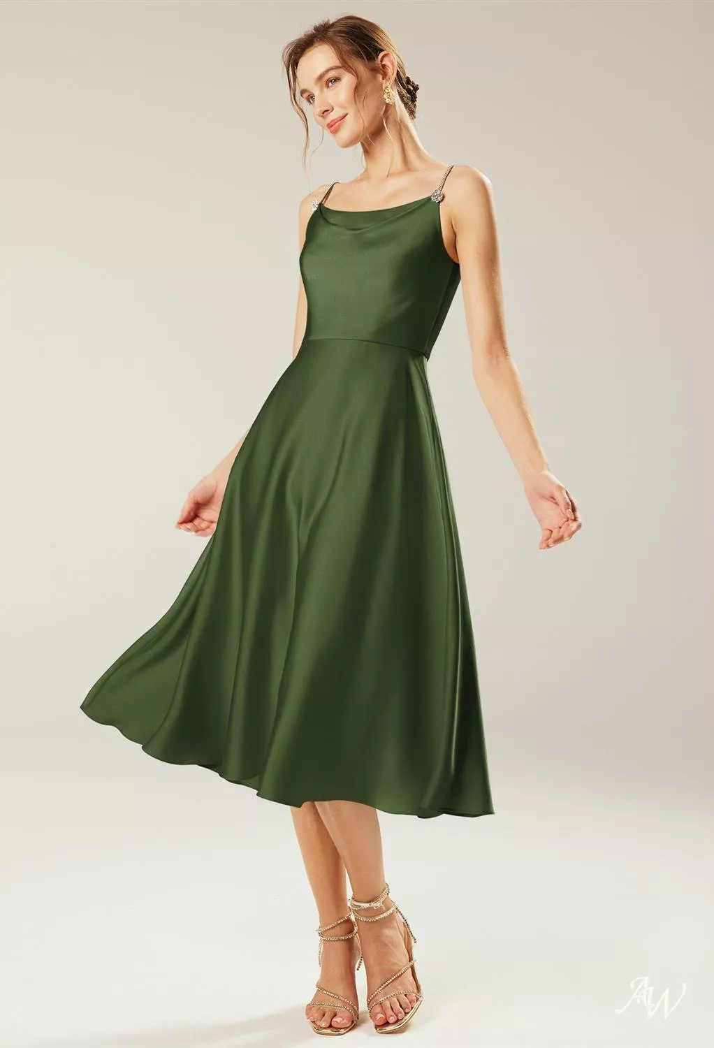 olive green tea length dresses Satin Cowl Tea Length Dress by Amelia Couture 6115 16 / Olive Green main image 1
