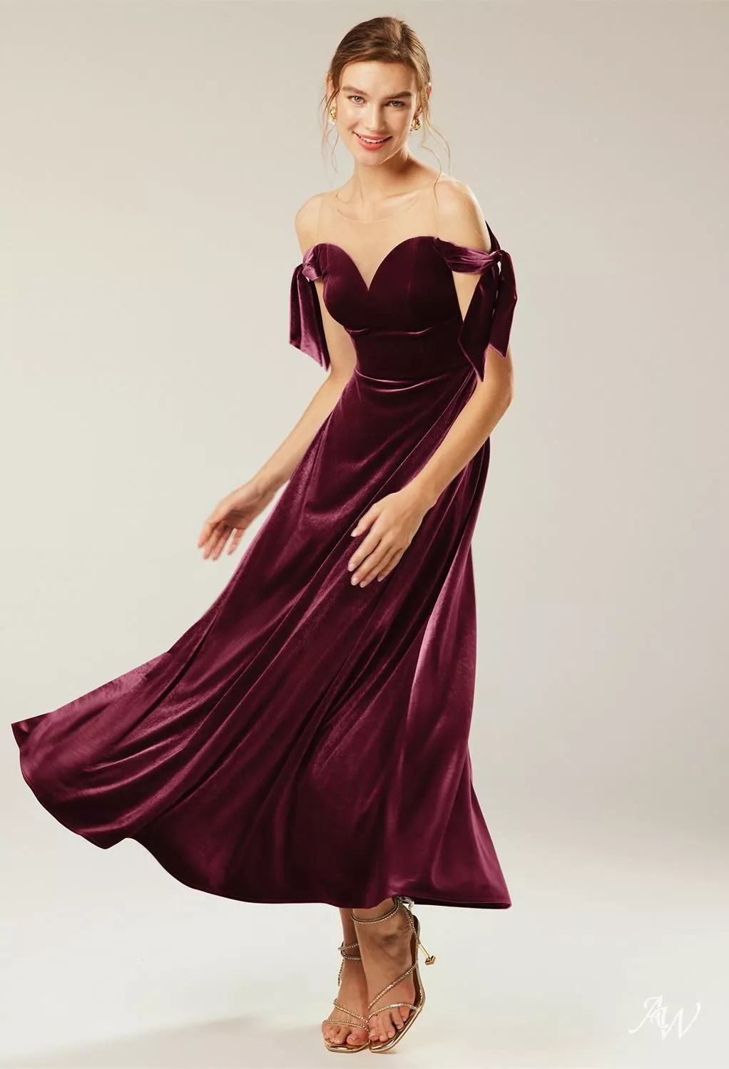 AW.Bridal A-line Square Neckline Ankle Length Off the Shoulder Velvet Long Bridesmaid Dresses Burgundy Size 8