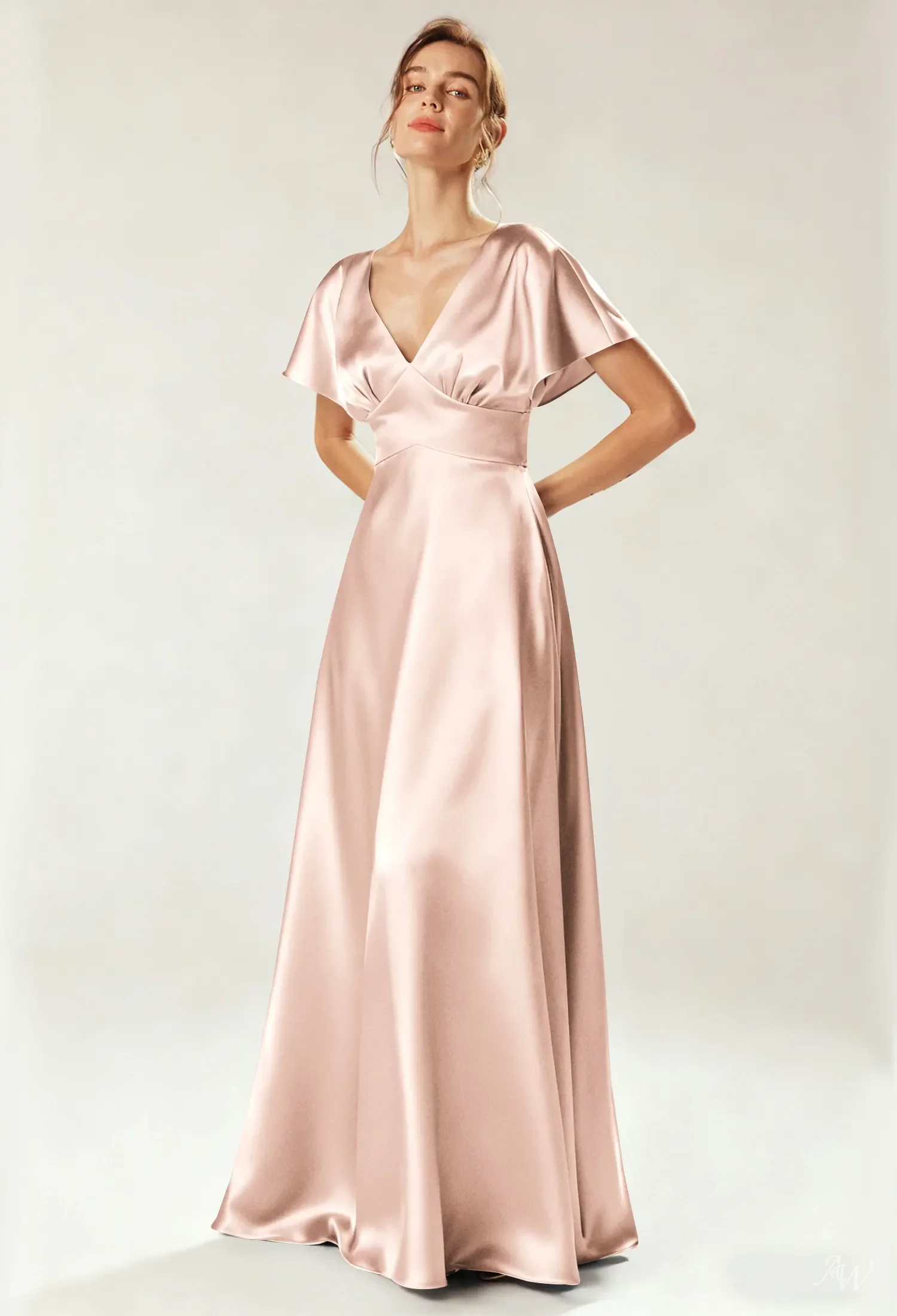 apricot formal dress AW.Bridal Bridesmaid Dresses Crystal Satin A-line V-Neck Floor Length Short Sleeves Size 18 apricot colour dress