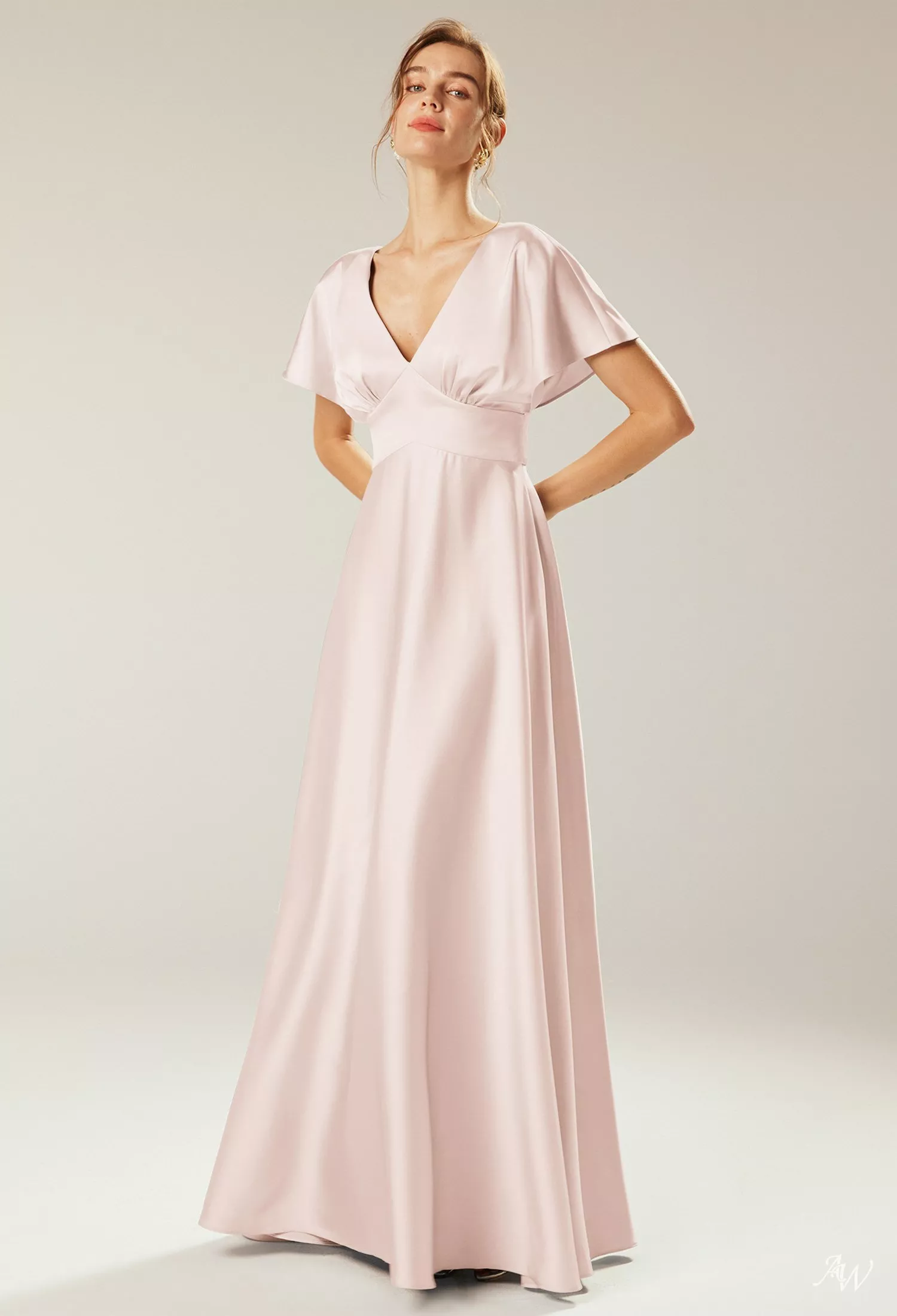 strapless open back dress Apricot Pink V Neck Flutter Sleeve Smocked Bodice High Waist Ruffle Maxi  Dress main image 1