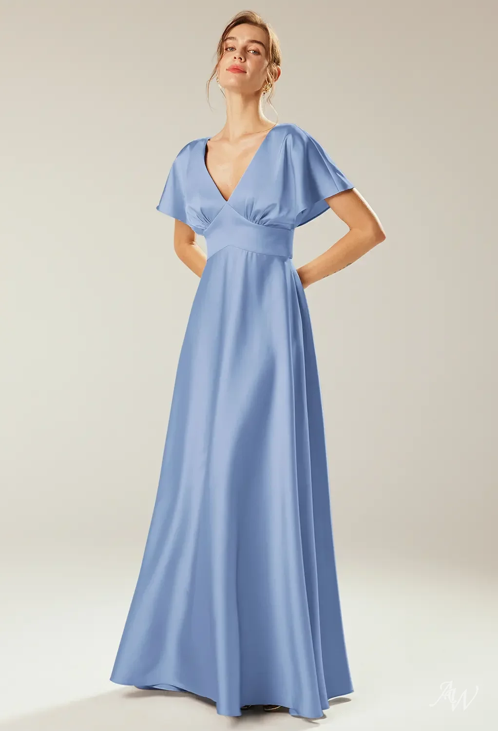 AW.Bridal A-line V-Neck Floor Length Short Sleeves Satin Long Bridesmaid Dresses Dress Coronet Blue Size 4