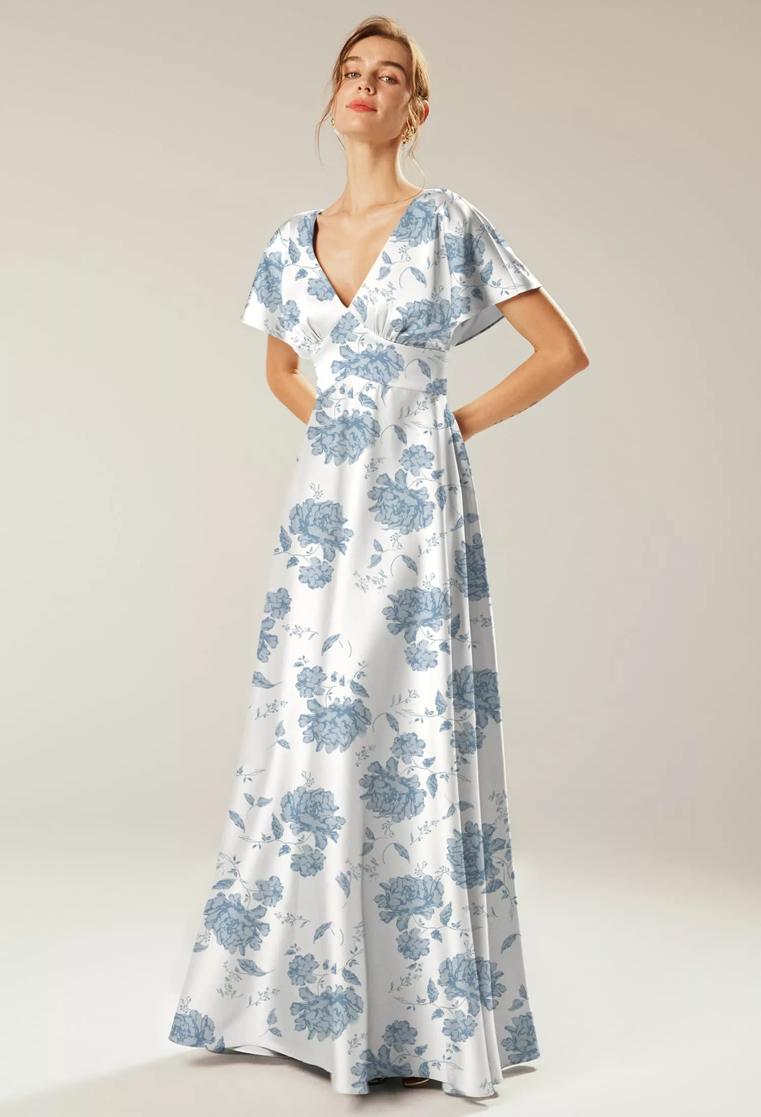Dusty Blue Peonies, Blue Floral Maternity Bridesmaid Dresses | AW.Bridal