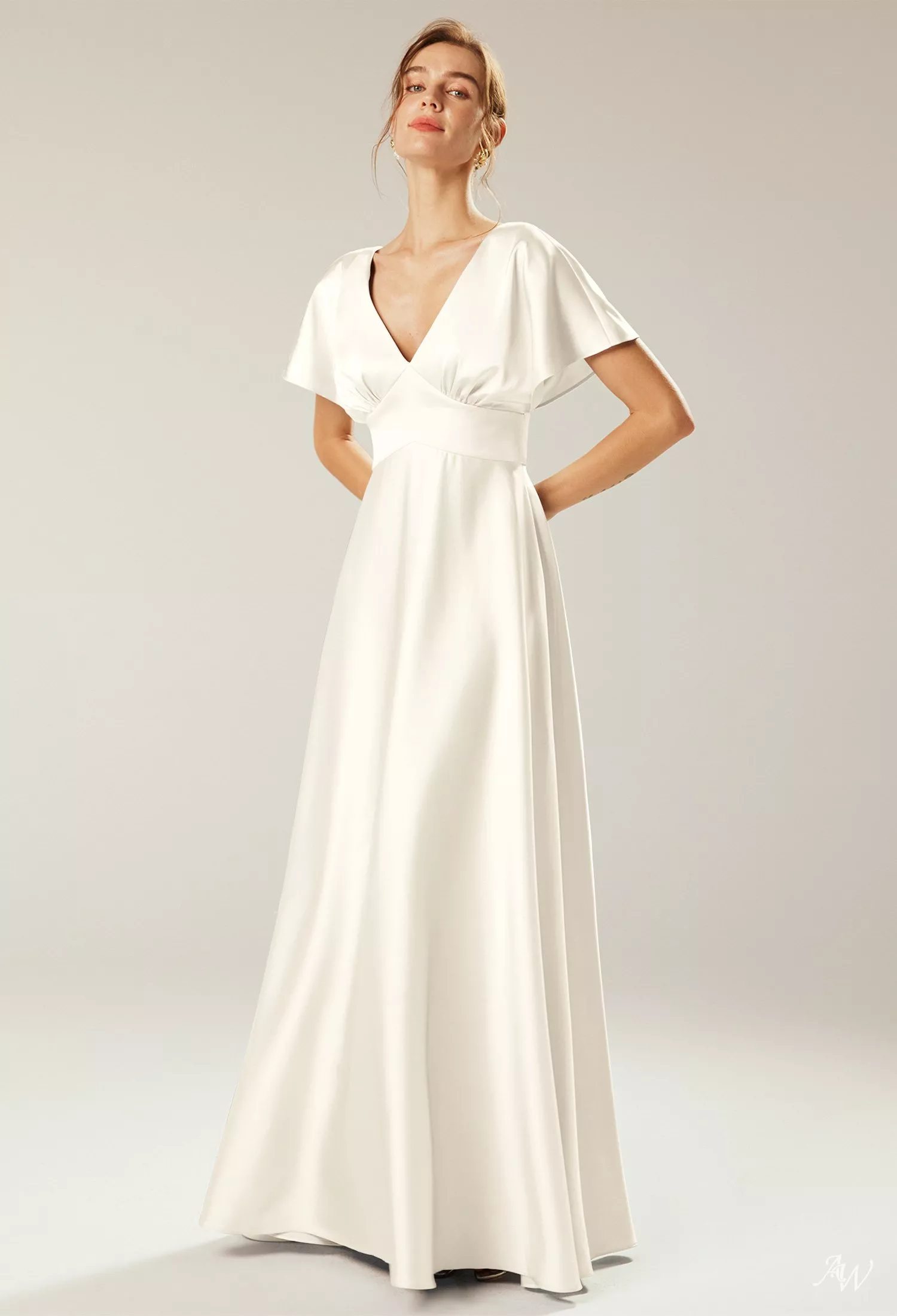ivory satin wrap dress Ivory Satin Wrap Wedding Gown with Pleated Panel Train