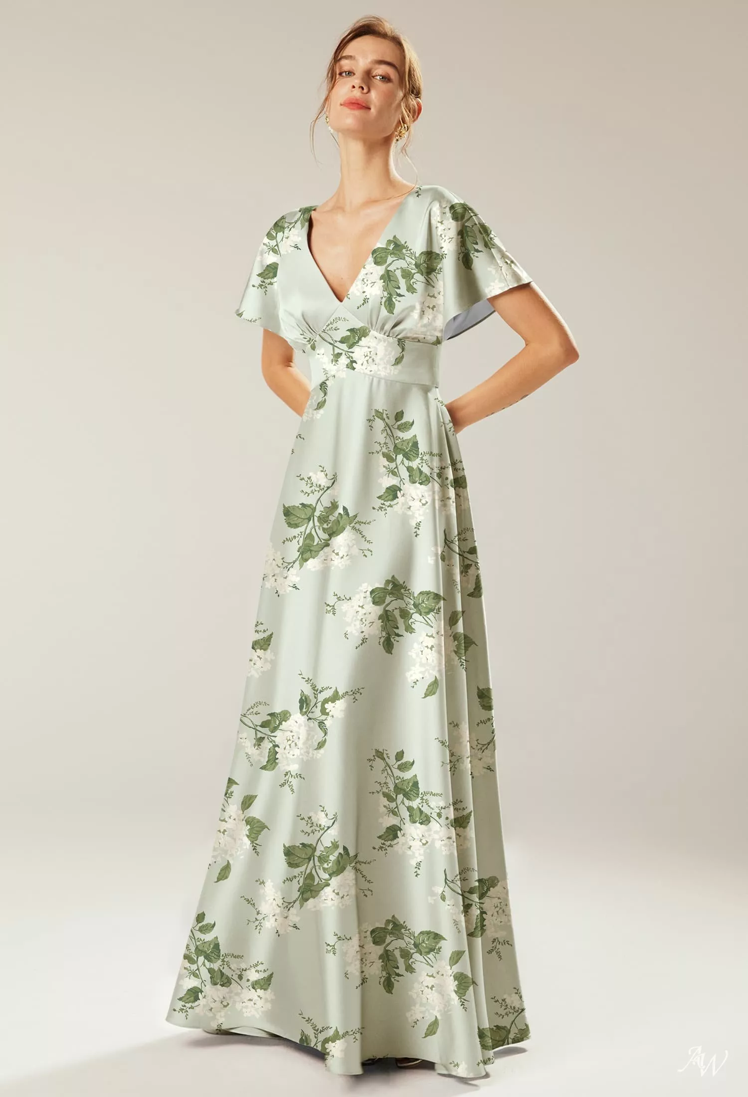 AW.Bridal A-line V-Neck Floor Length Short Sleeves Satin Floral Bridesmaid Dresses Floral Dress Sage Garden Party Plus Size 16