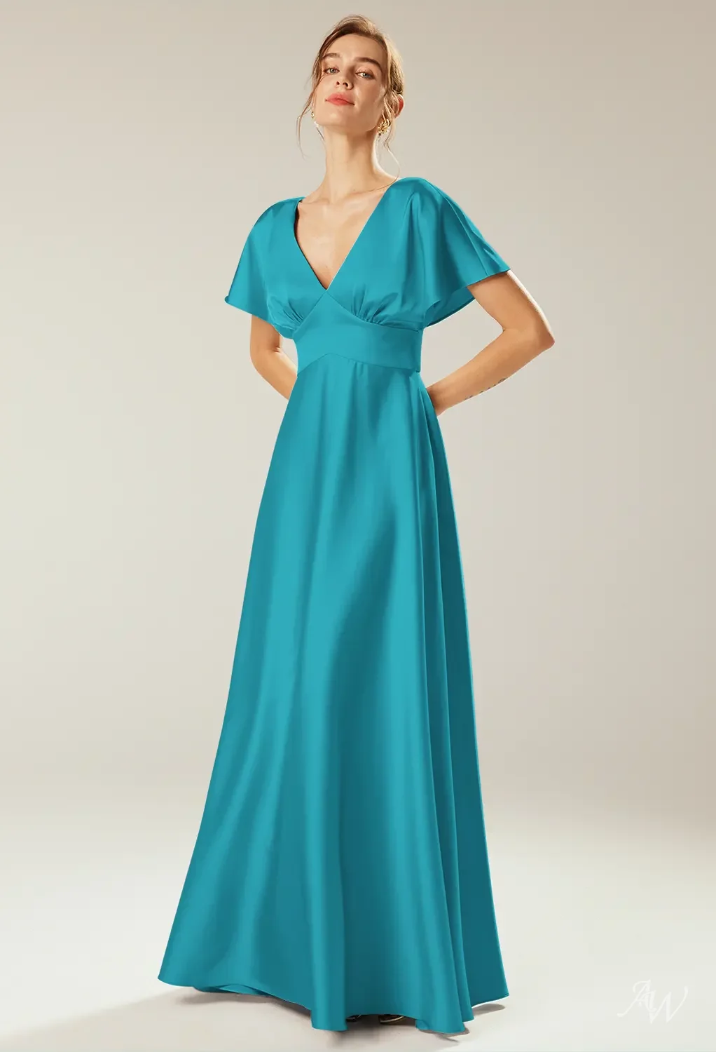 teal taffeta bridesmaid dress AW.Bridal A-line V-Neck Floor Length Short Sleeves Satin Long Dresses Size 4 Zipper Closure Features coordinating mommy and me How to Choose the Fabric Number:24