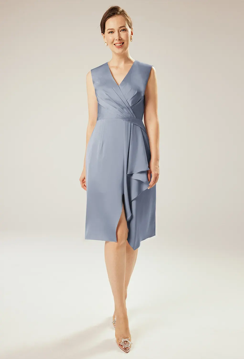 dusty blue mother of groom dress V-Neck Ruched Long Classic Formal Gown main image 0