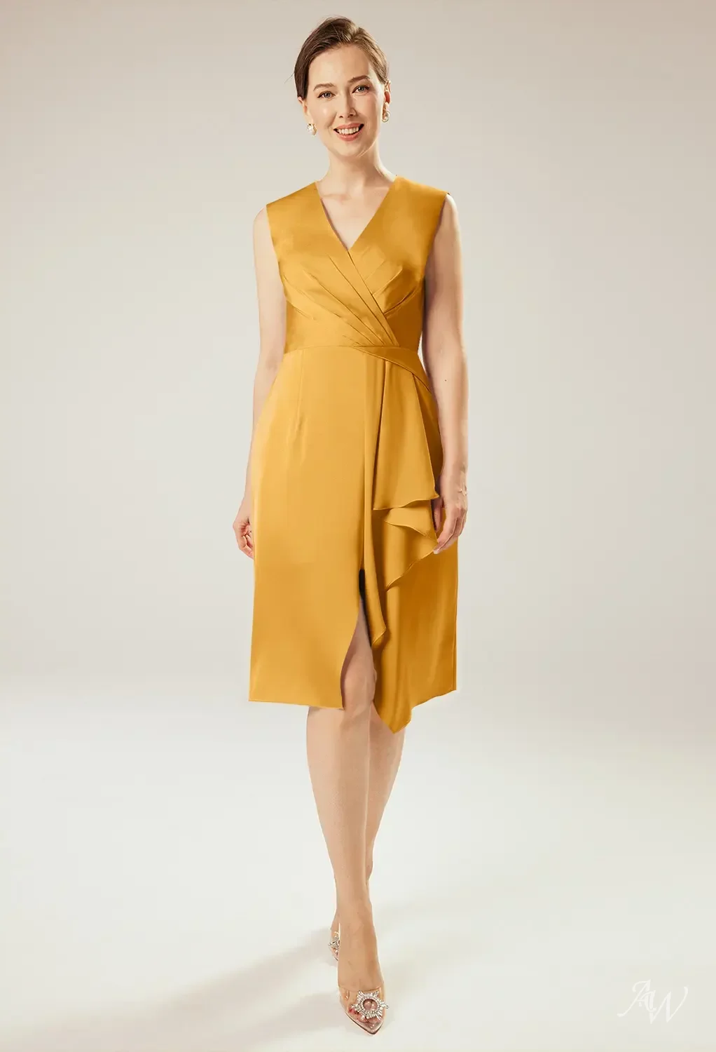 AW Peggy Dress, Hunter Green Crystal Satin Satin Charmeuse Knee Length  V-Neck Mother of the Bride Dresses | AW.Bridal