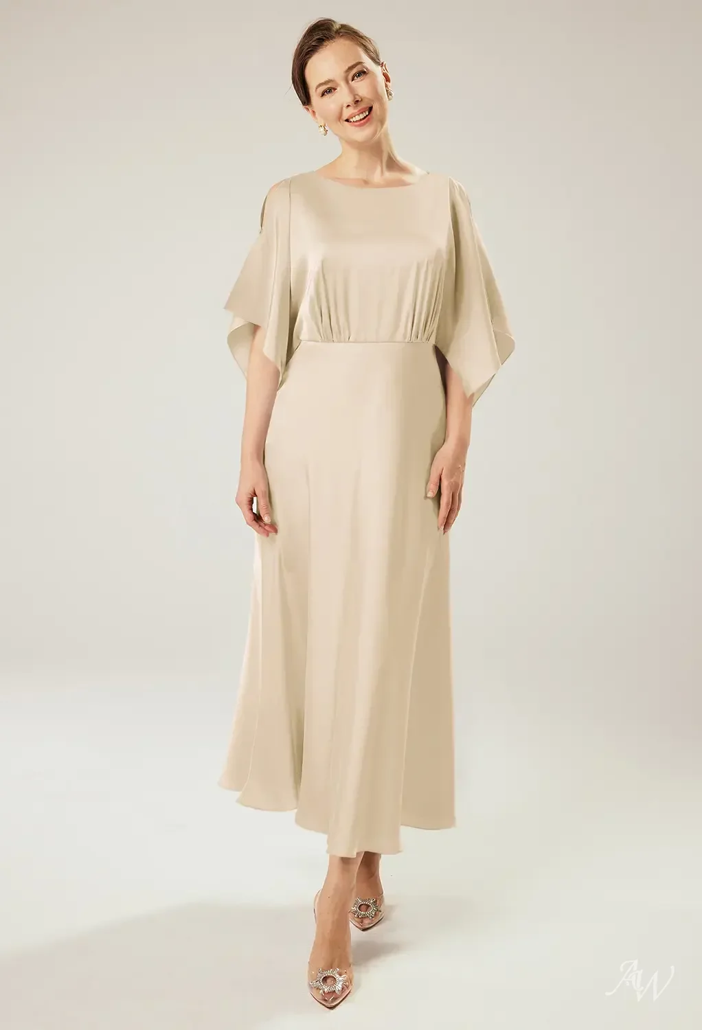 champagne ankle length dress AW Pine Dress, Crystal Satin Satin Charmeuse Bateau Neckline Mother of the Bride Dresses Allover Floral Knot Split COLLECTION_Flow Collection Size:34C This breathtaking maxi dress