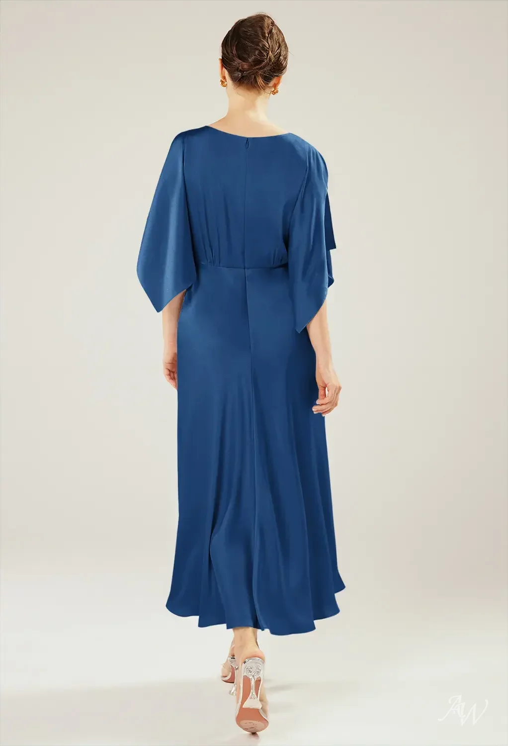 AW.Bridal A-line Bateau Neckline Ankle Length Short Sleeves Satin Mother of the Bride Dresses Dress Navy Size 18