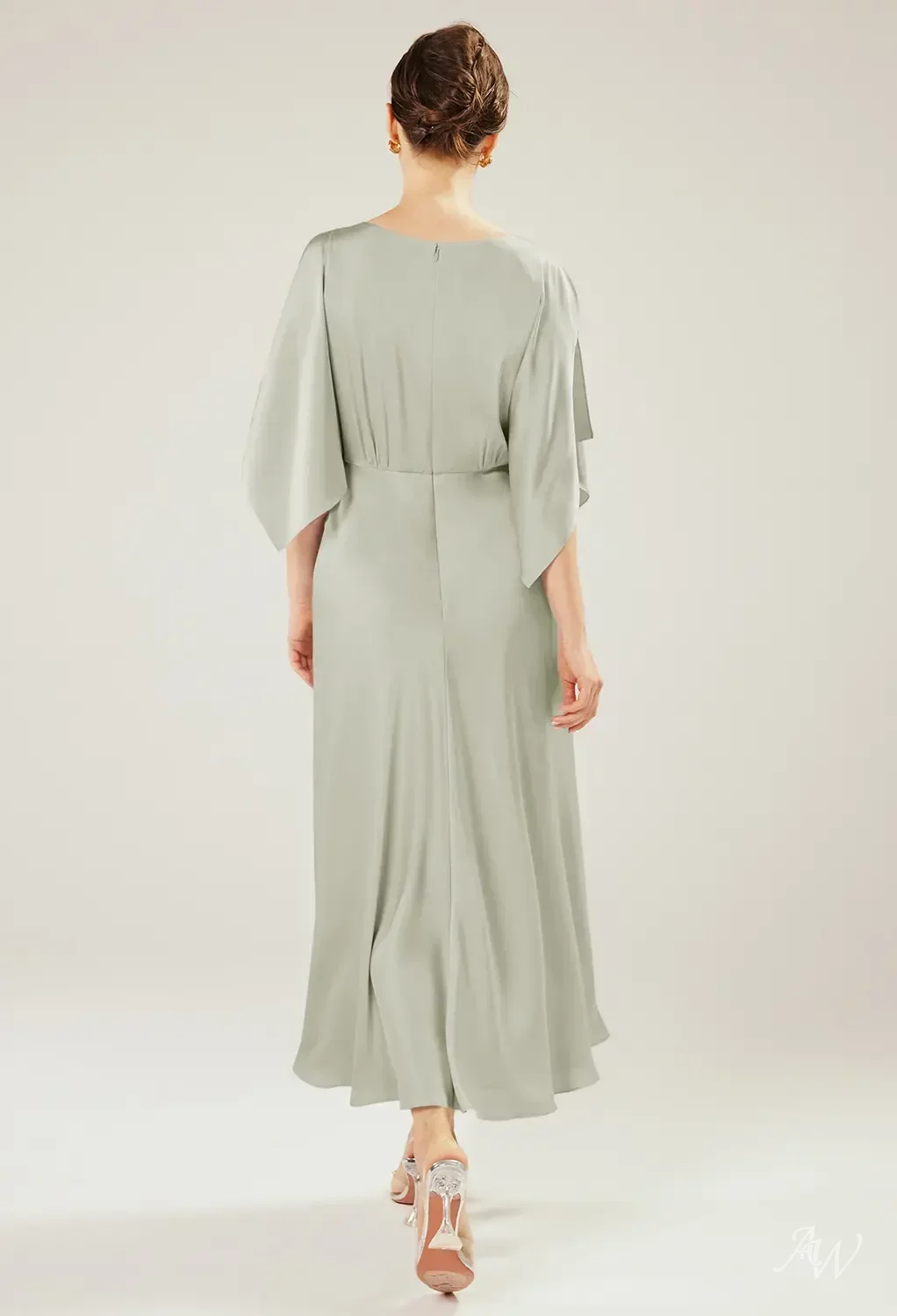 pine green satin dress AW.Bridal A-line Bateau Neckline Ankle Length Short Sleeves Mother of the Bride Dresses Sage Size 18 islamic bridal