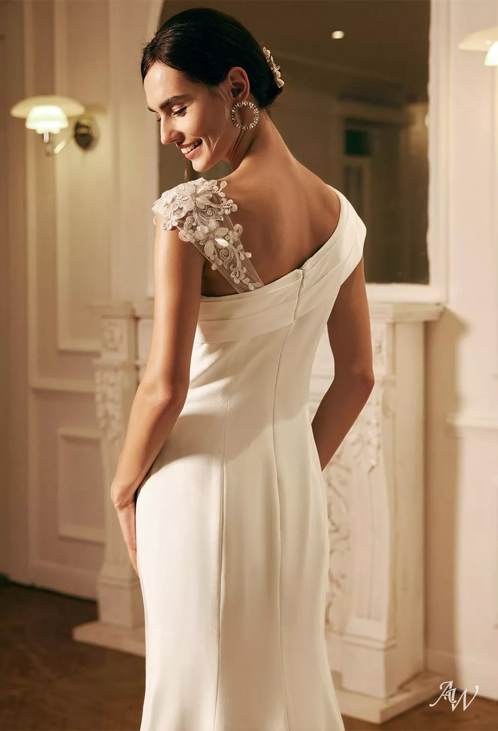 one shoulder ivory wedding dress One-Shoulder Satin Mermaid Ruched Wedding Dress With Slit in Ivory, Ivory / 24
