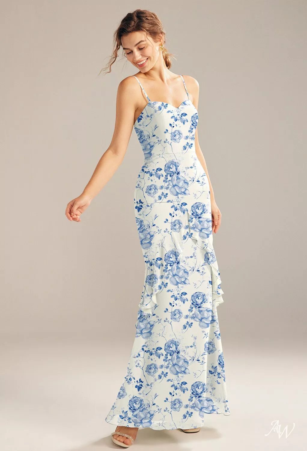 AW.Bridal Mermaid Sweetheart Neckline Floor Length Sleeveless Spaghetti Straps Chiffon Floral Wedding Guest Dresses Blue Botanical Floral Size 6