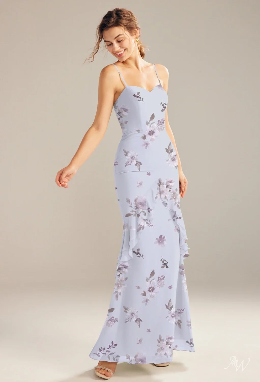 AW.Bridal Mermaid Sweetheart Neckline Floor Length Sleeveless Spaghetti Straps Floral Bridesmaid Dresses Floral Dress Lavender Mist Floral Size 6