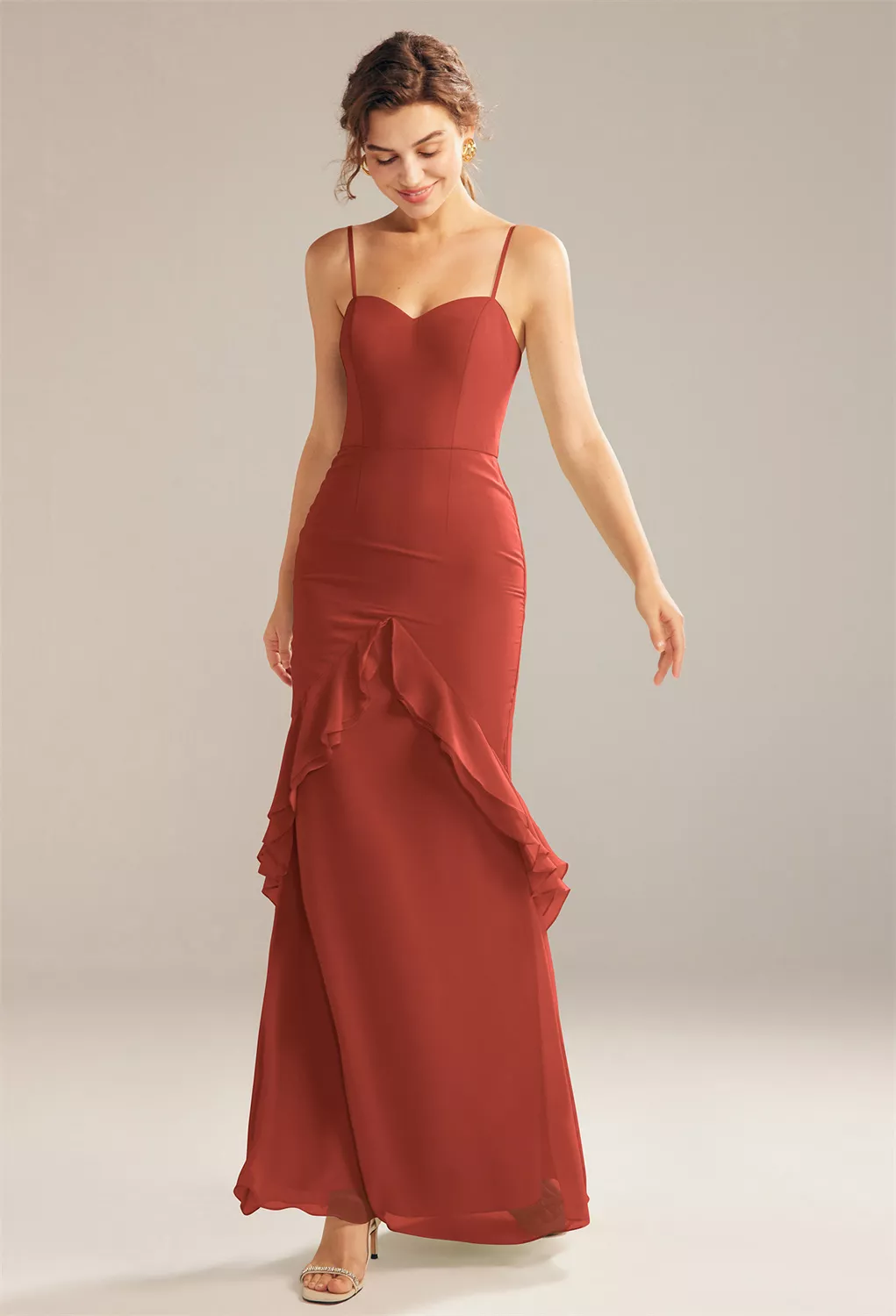 rust floral bridesmaid dress Lady Black Tie - Fall Floral Satin Midi Dress - Rust main image 1