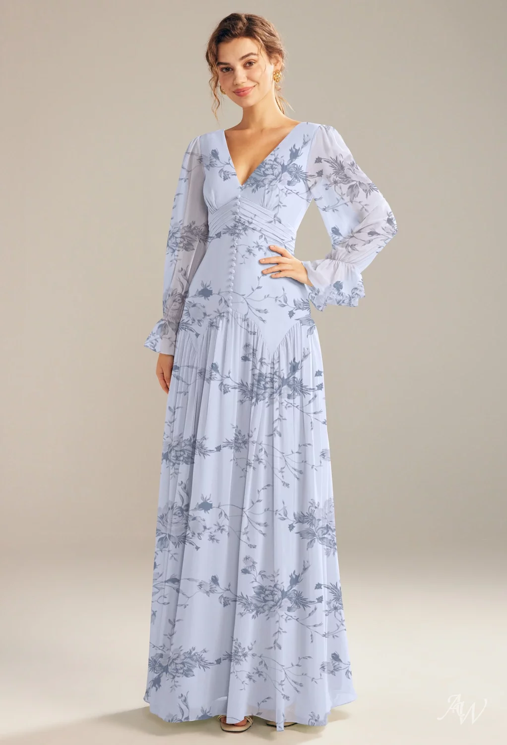 patterns for bridesmaid dresses with sleeves AW.Bridal A-line V-Neck Floor Length Long Floral Wedding Guest Floral Dress Antique Azure Rose Size 16 Size:34W X 30L
