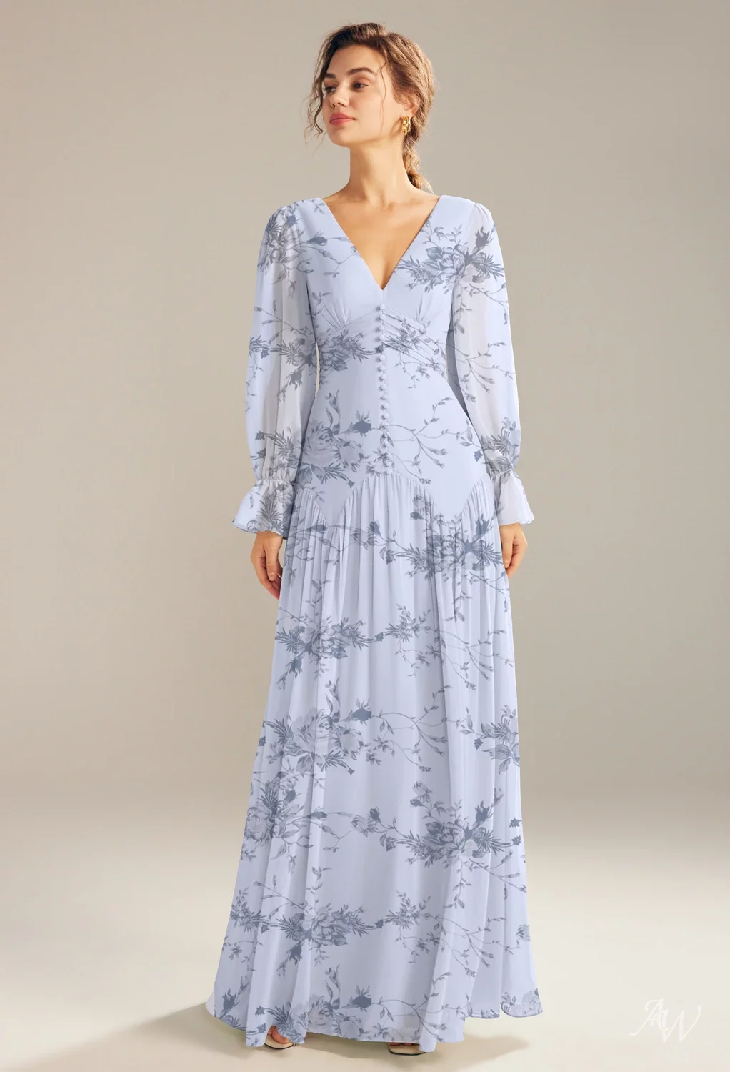 AW Alma Dress, Sage Green Chiffon Floor Length V-Neck Bridesmaid ...