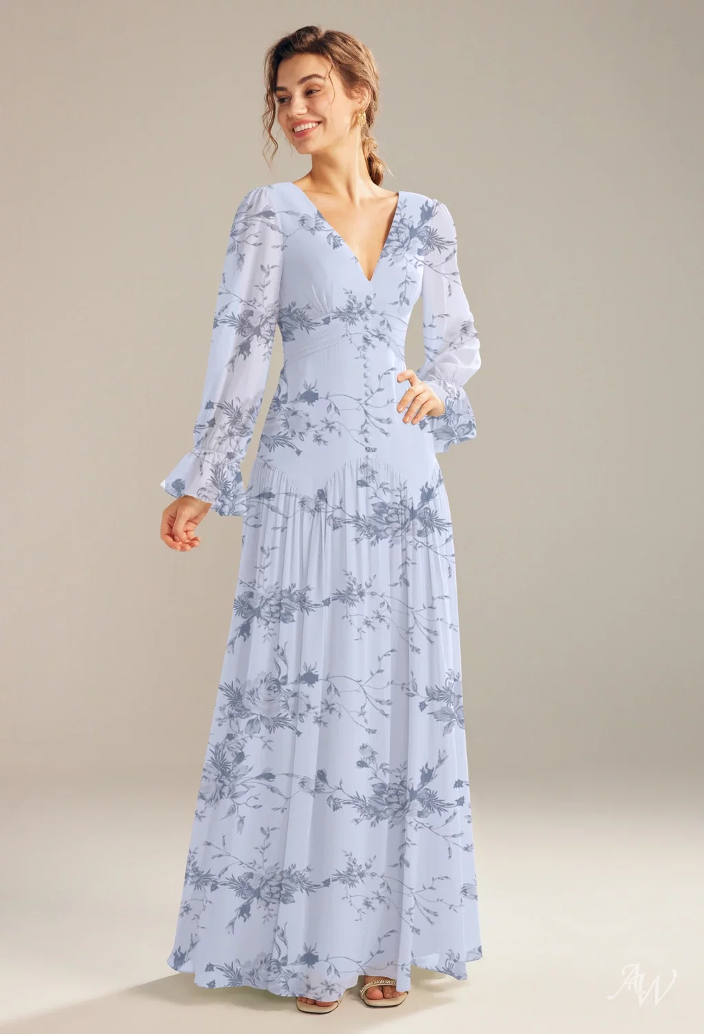 azura bridesmaid dresses AW.Bridal A-line V-Neck Floor Length Long Sleeves Floral Wedding Guest Floral Dress Antique Azure Rose Size 16 this fiery gown is