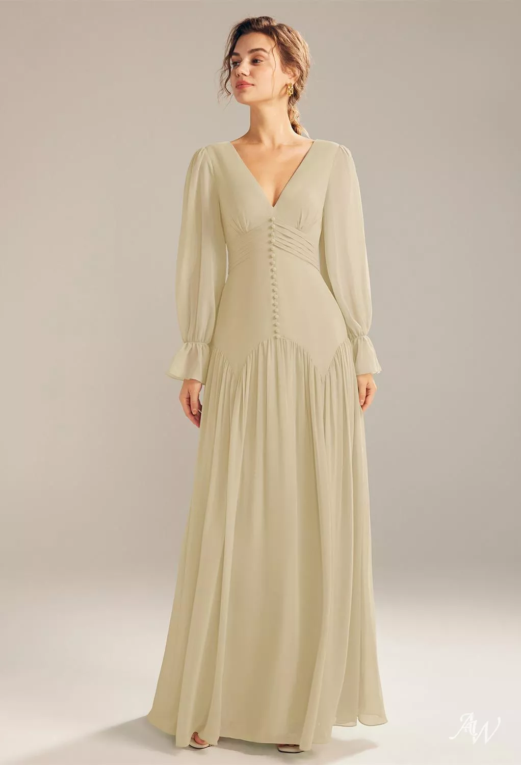 AW.Bridal A-line V-Neck Floor Length Long Sleeves Wedding Guest Dresses Dress Champagne Size 18