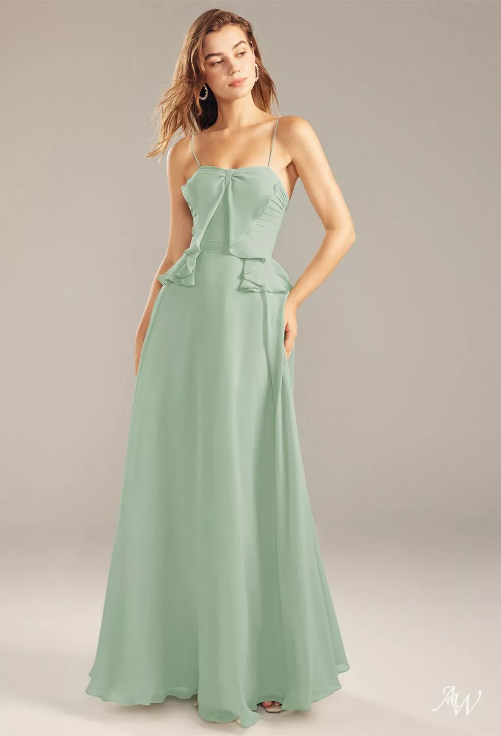 AW.Bridal A-line Square Neckline Floor Length Sleeveless Spaghetti Straps Wedding Guest Dresses Dress Sage Green Size 6