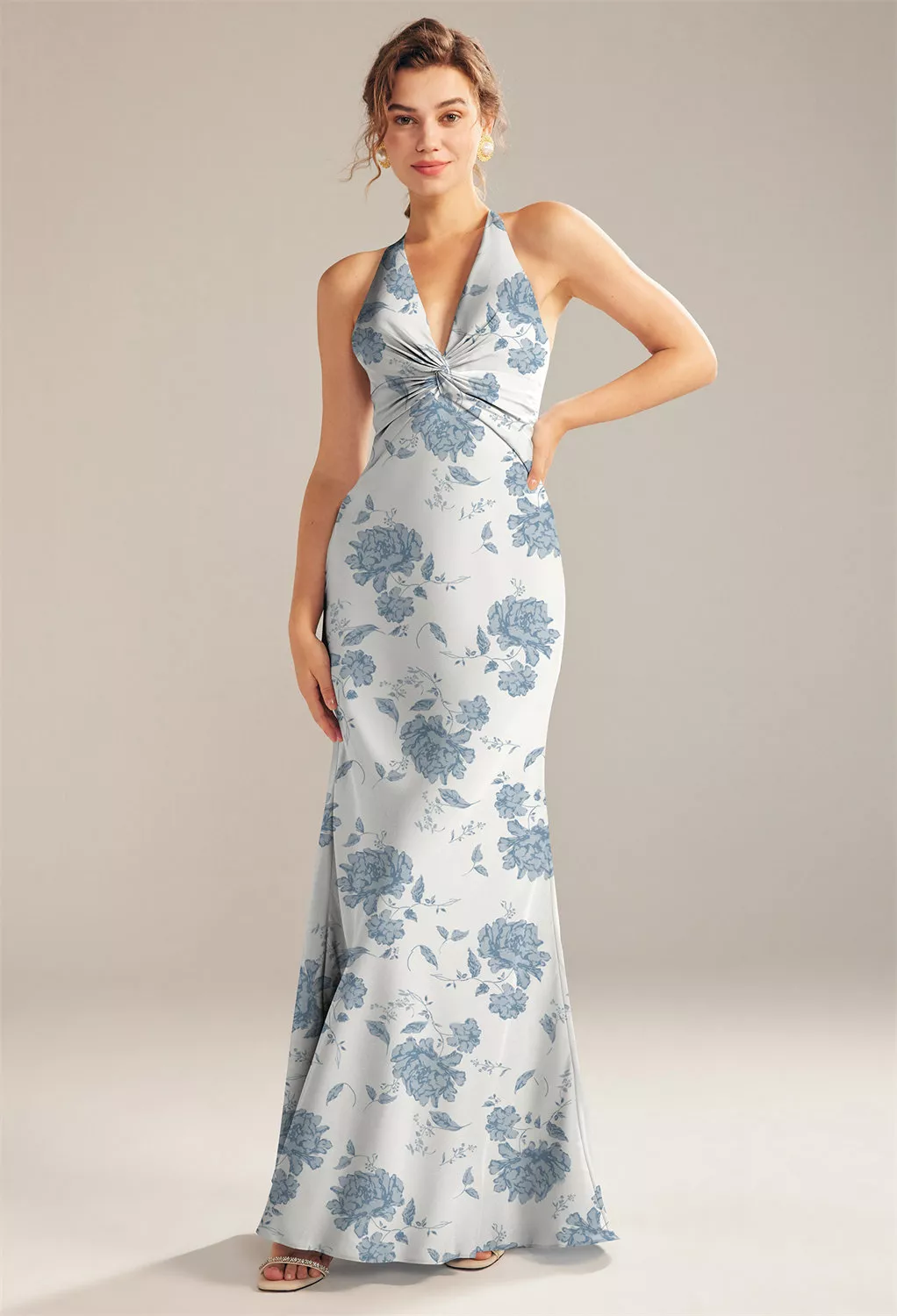 blue dress for baby girl Shasi Dusty Blue Floral Satin Bridesmaid Dress