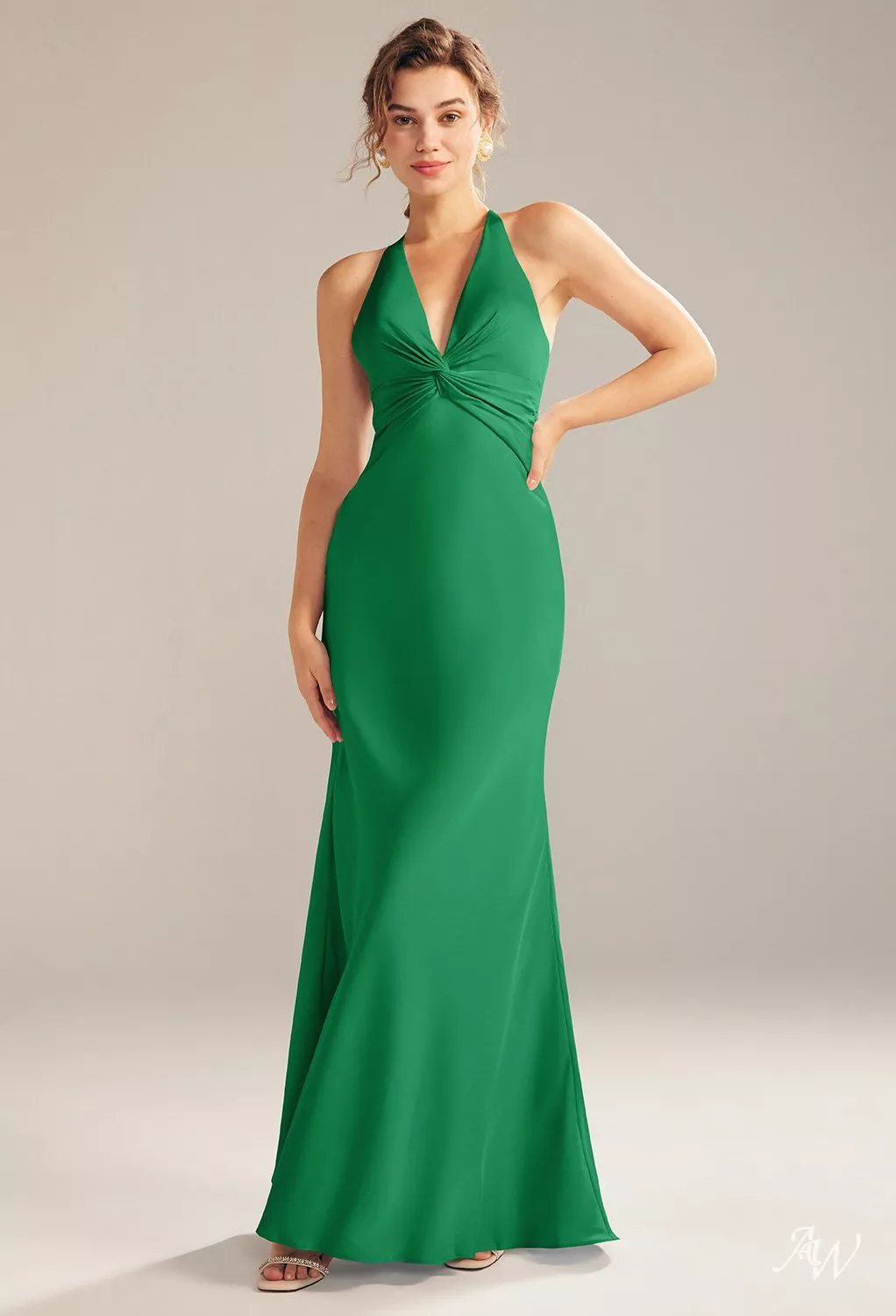 AW.Bridal Mermaid V-Neck Floor Length Sleeveless Satin Cutout Plus Size Dresses Dress Jolly Green Size 6