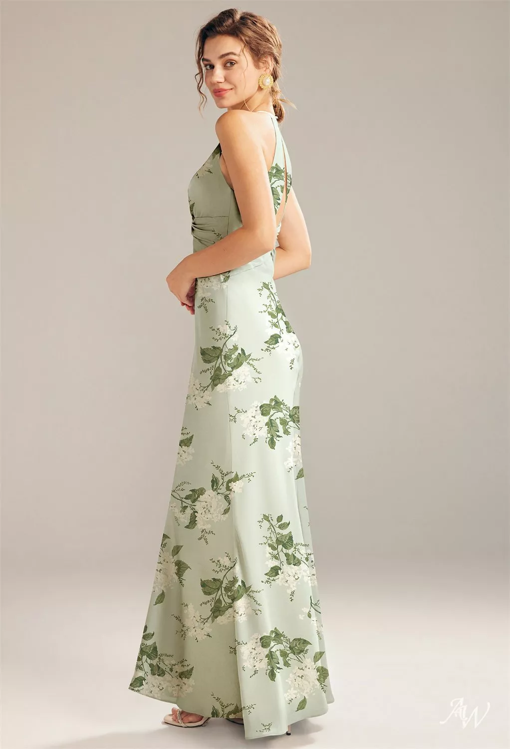 AW.Bridal Mermaid V-Neck Floor Length Sleeveless Satin Cutout Floral Wedding Guest Dresses Floral Dress Sage Garden Party Plus Size 18