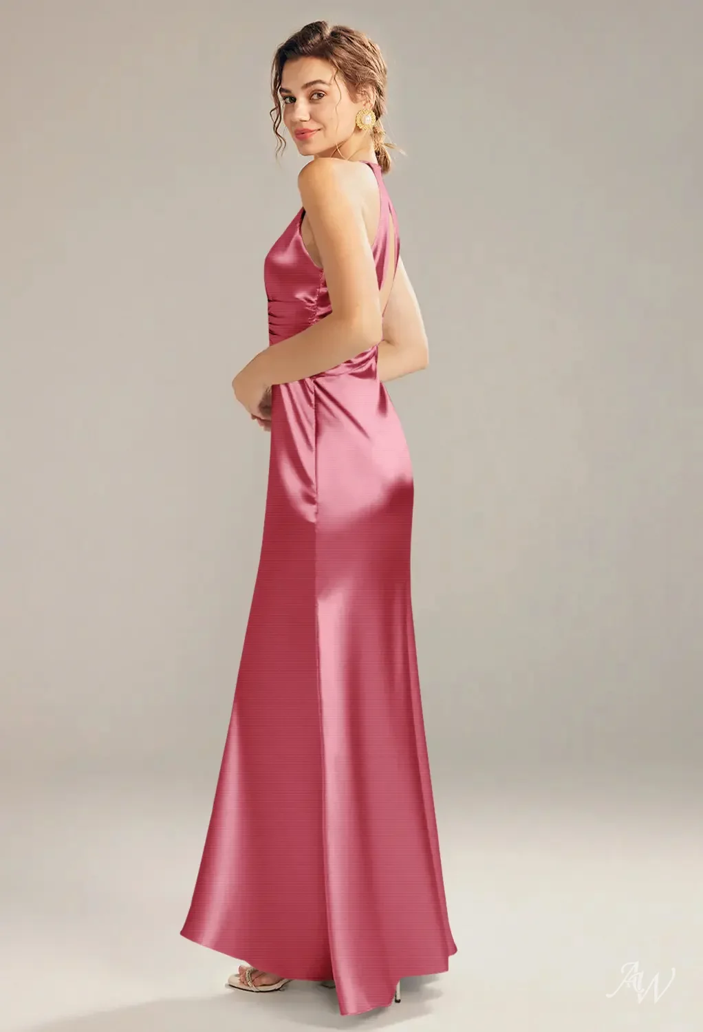 coral pink bridesmaid dress AW.Bridal Mermaid V-Neck Floor Length Sleeveless Satin Cutout Long Bridesmaid Dresses Dress Coral Pink Size 18