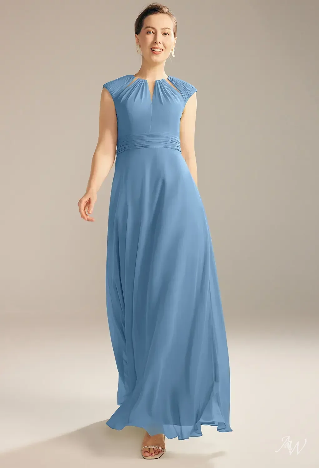 AW.Bridal A-line Bateau Neckline Floor Length Cap Sleeves Mother of the Bride Dresses Dress Dusty Blue Size 8
