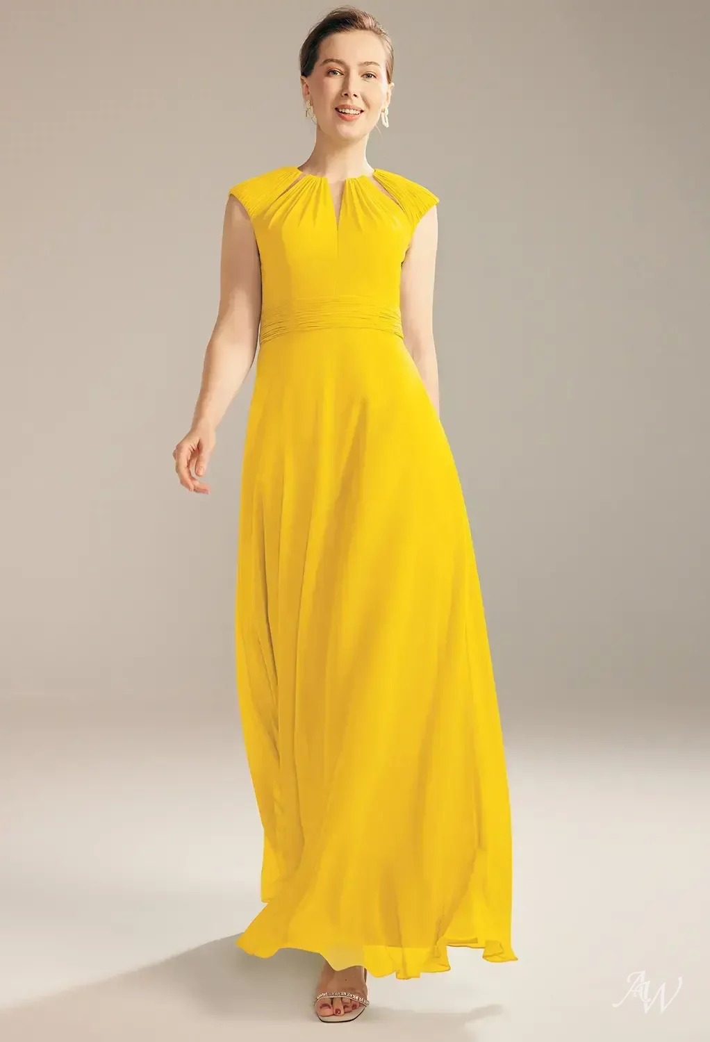 yellow dress for mother of the bride AW.Bridal A-line Bateau Neckline Floor Length Cap Sleeves Dresses Mustard Size 8 which creates a universally flattering shape that suits every figure ZAPAKA Women Yellow Formal Dress