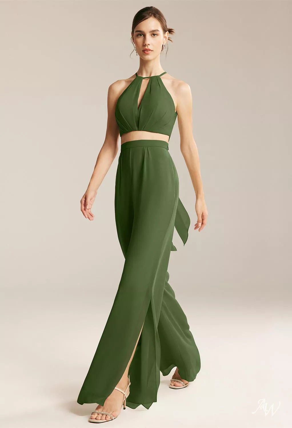 AW.Bridal Jumpsuit Halter Neckline Floor Length Sleeveless Cutout Ruffles Split Long Bridesmaid Dresses Dress Green Olive Size 18
