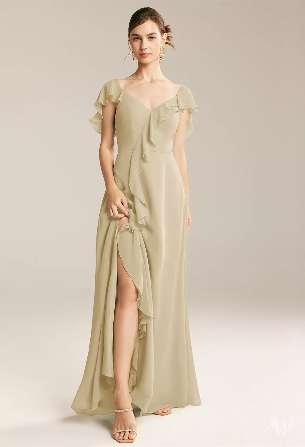 AW.Bridal A-line V-Neck Floor Length Short Sleeves Ruffles Long Bridesmaid Dresses Dress Champagne Size 16