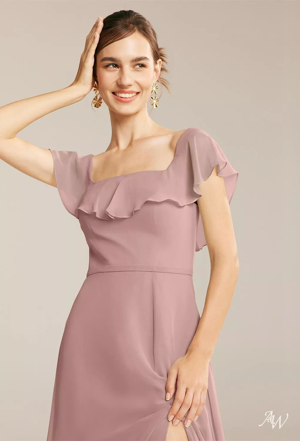 AW.Bridal A-line Square Neckline Floor Length Short Sleeves Ruffles Split Long Bridesmaid Dresses Dress Dusty Rose Size 16