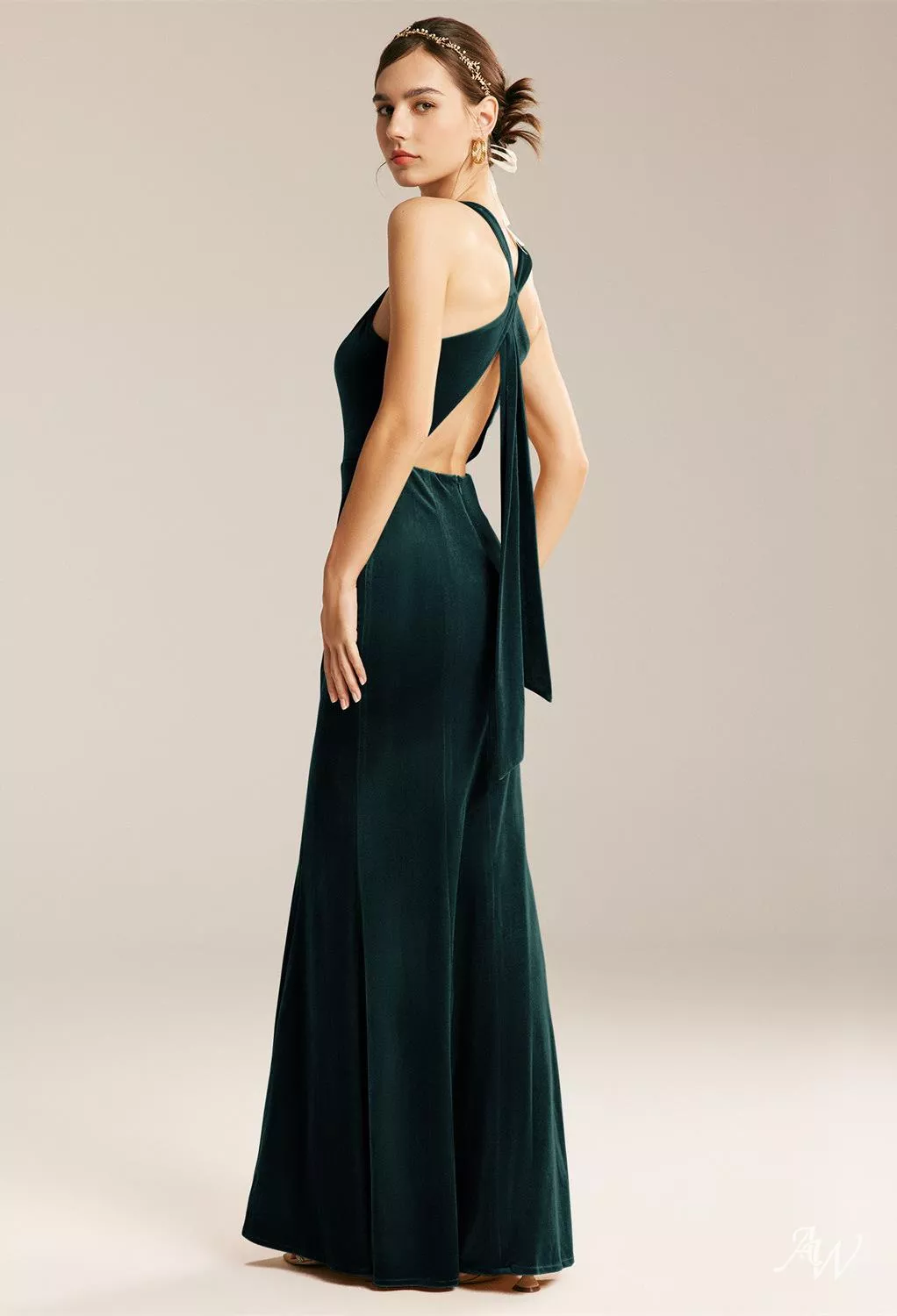 AW.Bridal Mermaid Halter Neckline Floor Length Sleeveless Velvet Crisscross Back Long Bridesmaid Dresses Hunter Green Size 18