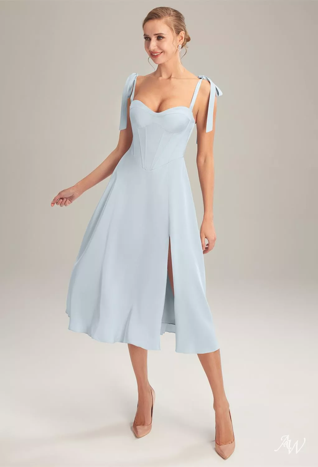 teal tea length bridesmaid dresses AW.Bridal A-line Sweetheart Neckline Sleeveless Satin Bow/Bowknot Bows Split Short Dress Baby Blue Size 18 Size:size 4 no train