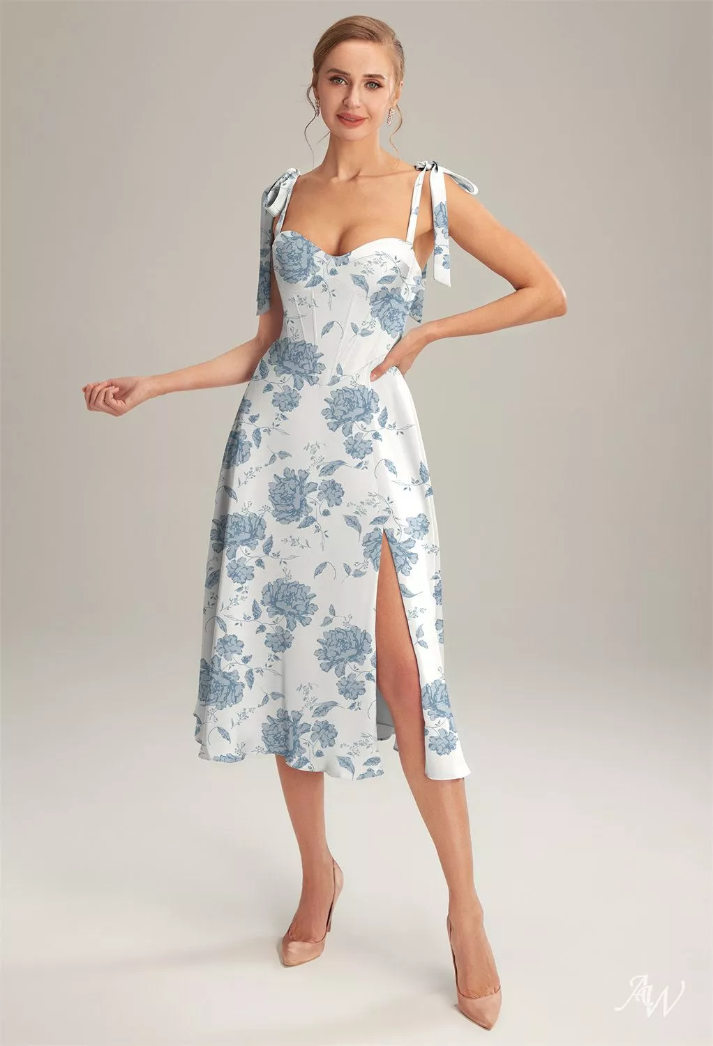 dusty blue pattern bridesmaid dress AW.Bridal A-line Sweetheart Neckline Sleeveless Satin Bow/Bowknot Bows Split Floral Wedding Guest Dresses Floral Peonies Size 18 Color:White Pink Height 175cm July26products Short Unique Most Popular