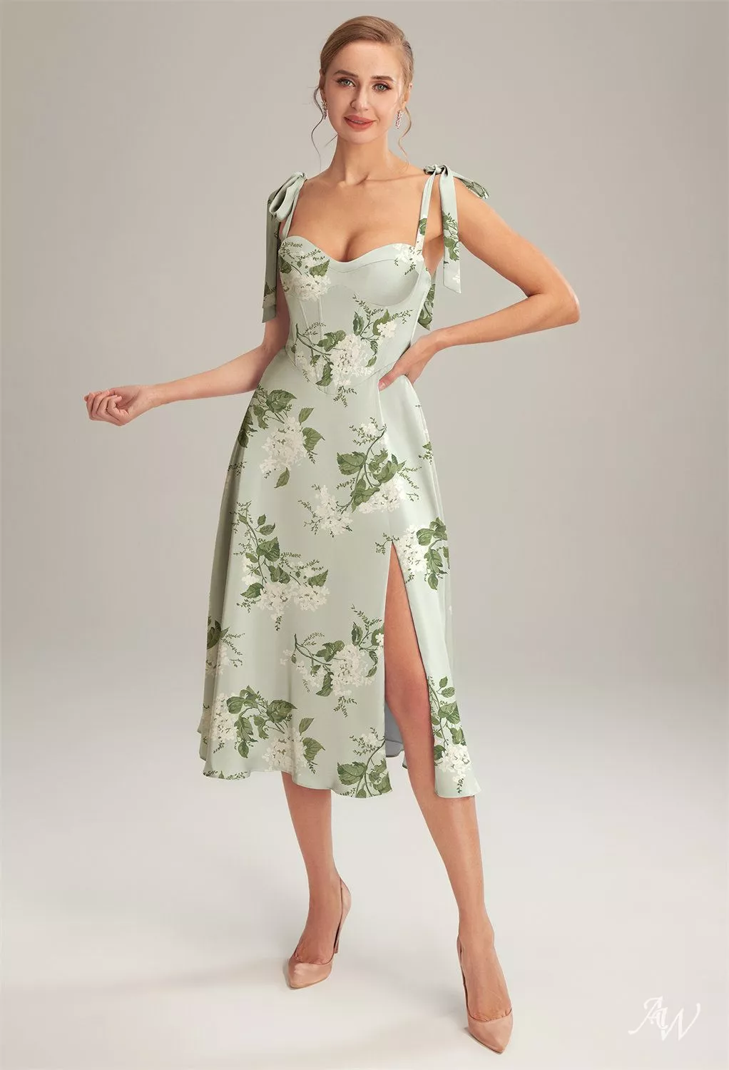 satin tea length bridesmaid dresses AW.Bridal A-line Sweetheart Neckline Sleeveless Bow/Bowknot Bows Split Floral Wedding Guest Floral Dress Sage Garden Party Size 18 SIZE - True to U.S. Size (Regular Width):10 offering both comfort and waist_34.5 Little Black Dress Halter